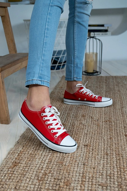 Kadın Kırmızı Keten Bağcıklı Günlük Rahat Esnek Ortopedik Düz Taban Bez Ayakkabı Sneaker