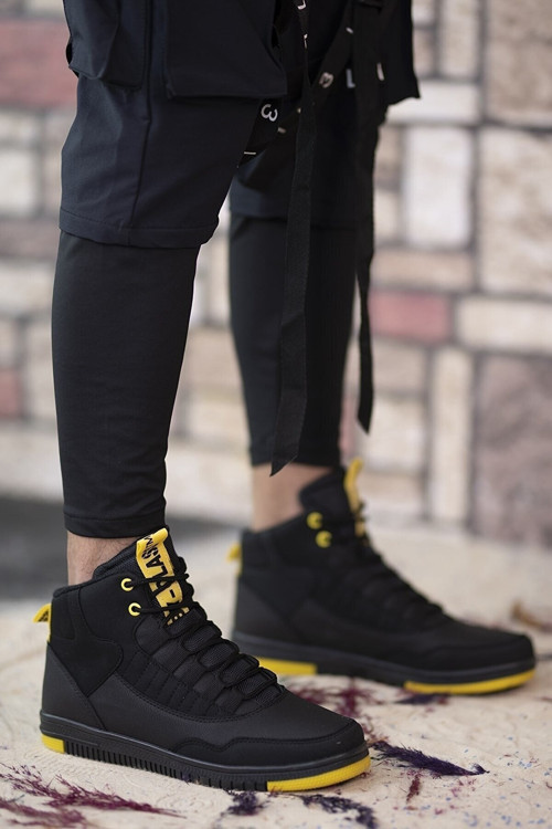 Erkek Siyah Sarı Cool Rahat Spor Ayakkabı Kaymaz Taban Suni Deri Hafif Bağcıklı Sneaker