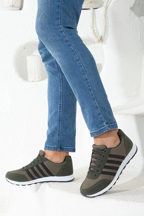 Erkek Haki Siyah Çizgili Casual Rahat Yumuşak Tabanlı Konforlu Bağcıklı Sneaker Spor Ayakkabı