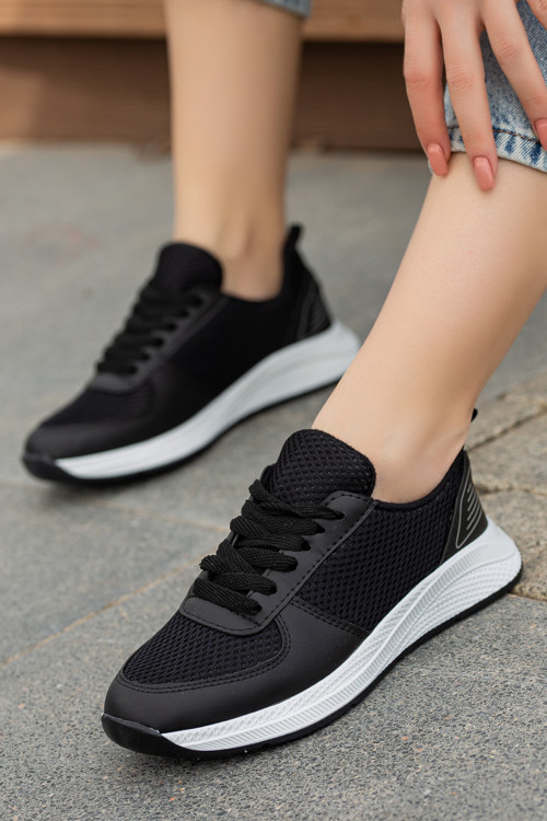 Kadın Siyah Beyaz Bağcıklı Sneaker Nefes Alabilen Rahat Kalıp Günlük Spor Yürüyüş Ayakkabısı