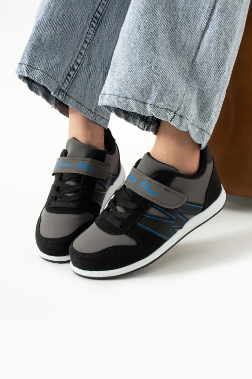Çocuk Siyah Sax Mavi Bağcıklı Tek Cırtlı Esnek Hafif Suni Deri Unisex Sneaker M Serisi Spor Ayakkabı