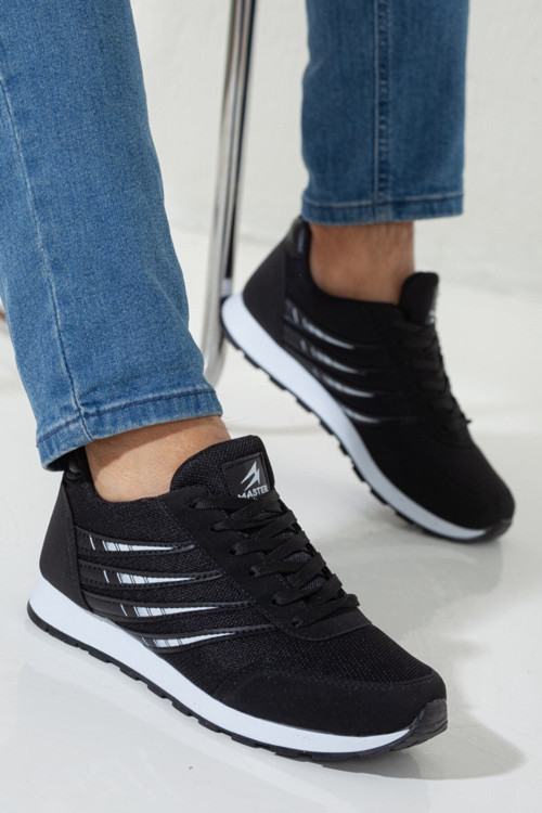 Erkek Siyah Beyaz Bağcıklı Düz Taban Fileli Şeritli Erkek Sneaker Ayakkabı Şık Lüks Konforlu