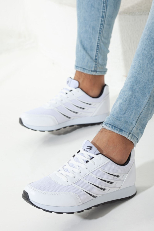 Erkek Beyaz File Detaylı Günlük Düz Yumuşak Konforlu Taban Casual Sneaker Spor Ayakkabı