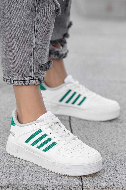 Kadın Beyaz Yeşil Bağcıklı Esnek Casual Spor Ayakkabı Yüksek Tabanlı Esnek Konforlu Sneaker