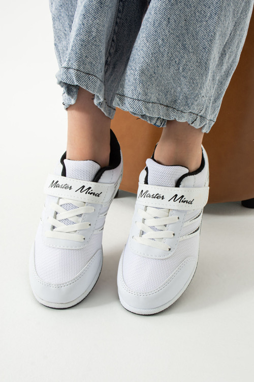 Çocuk Beyaz Siyah Bağcıklı Tek Cırtlı Esnek Hafif Nefes Alabilen Unisex Fileli Sneaker Spor Ayakkabı
