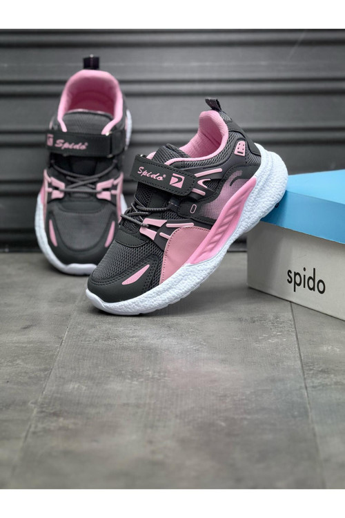 Çocuk Füme Pembe Bağcıklı Tek Cırt Cırtlı Esnek Hafif Nefes Alan Unisex File Sneaker Spor Ayakkabı