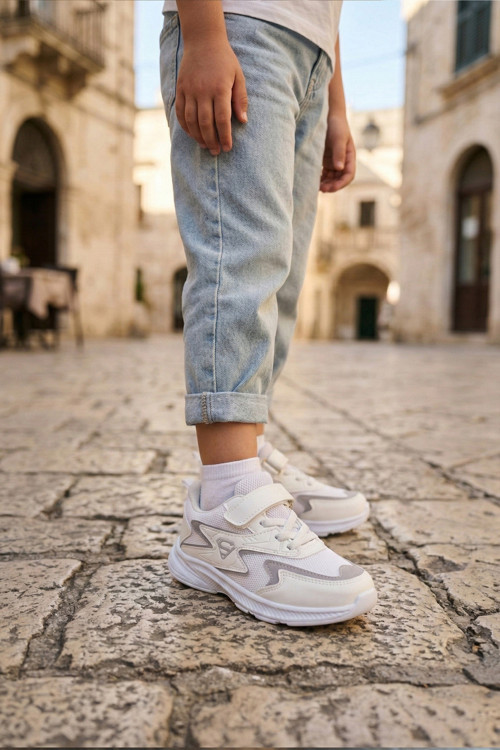 Çocuk Beyaz Bağcıklı Tek Cırt Cırtlı Esnek Hafif Nefes Alabilen Unisex File Sneaker Spor Ayakkabı