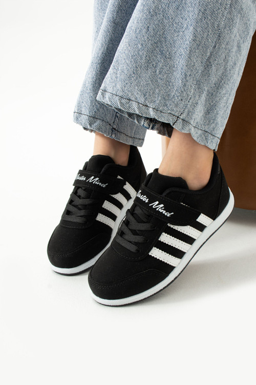 Çocuk Siyah Beyaz Bağcıklı Tek Cırtlı Esnek Hafif Suni Deri Unisex Çocuk Sneaker Spor Ayakkabı