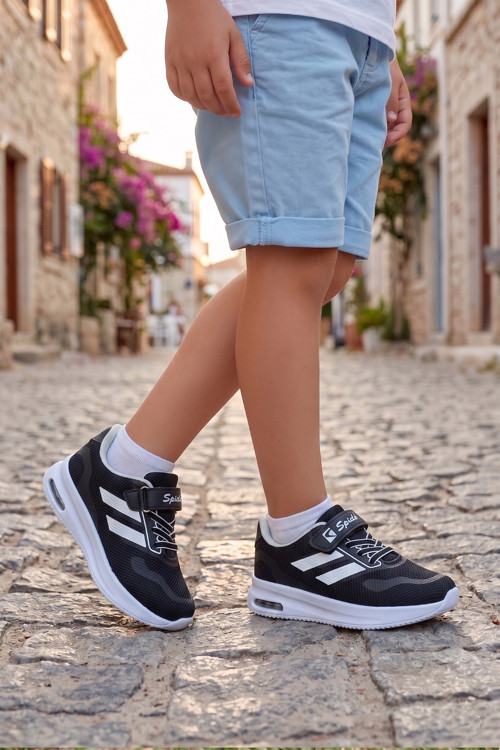 Çocuk Siyah Beyaz Cırt Cırtlı Işıklı Triko Günlük Yürüyüş Koşu Spor Ayakkabı Bağcıklı Rahat Konforlu Okul Sneaker