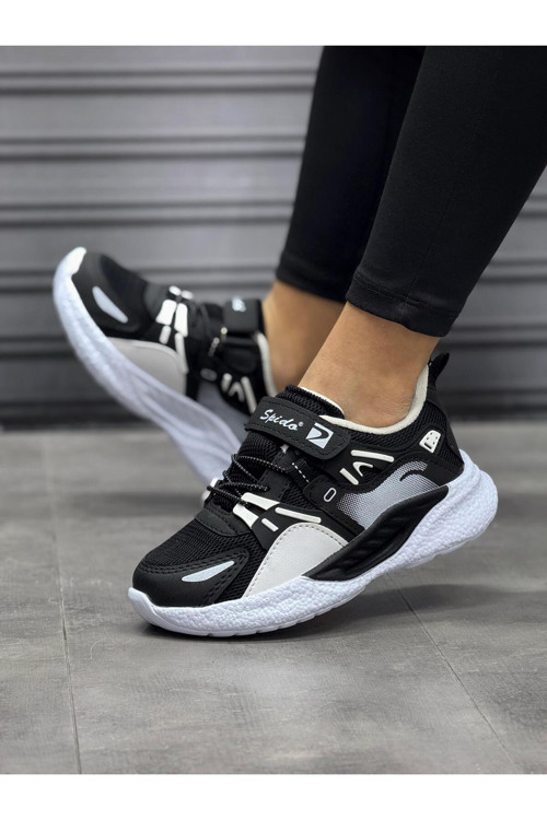Çocuk Siyah Beyaz Bağcıklı Tek Cırt Cırtlı Esnek Hafif Nefes Alan Unisex File Sneaker Spor Ayakkabı