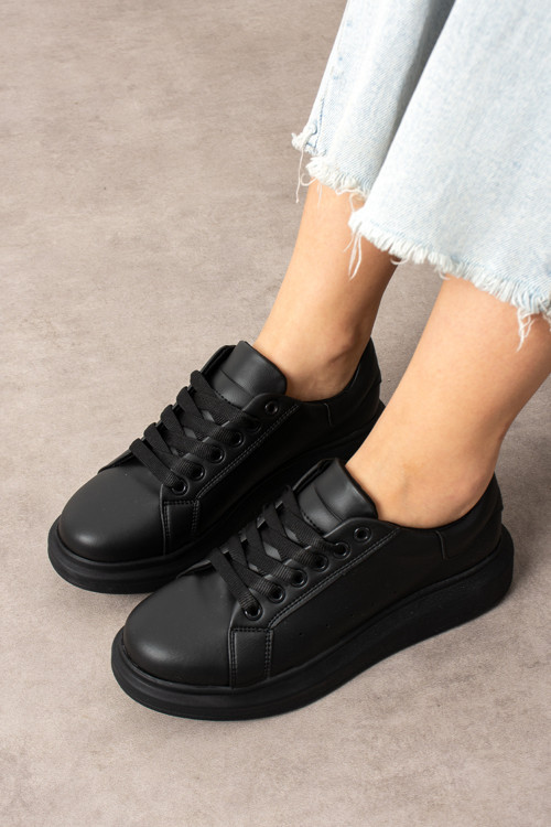 Kadın Siyah Bağcıklı Casual Rahat Taban Konforlu Yumuşak Yürüyüş Günlük Sneaker Spor Ayakkabı