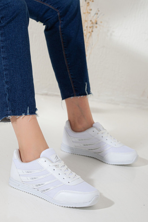 Kadın Beyaz Günlük Bağcıklı Düz Rahat Taban Tarz Dayanıklı Sneaker Yürüyüş Spor Ayakkabı