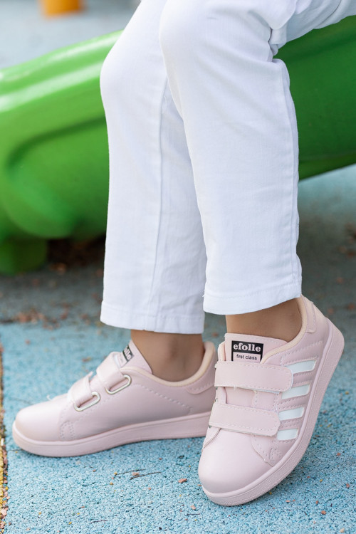 Çocuk Unisex Pembe Beyaz 4 Band Cırtlı Rahat Nefes Alır Günlük Şık Spor Ayakkabı Sneaker