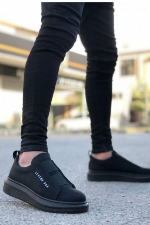 Erkek Siyah Yüksek Taban Günlük Ayakkabı Kalın Çift Bantlı Dayanıklı Deri Koku Yapmaz Sneaker