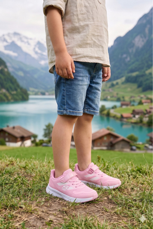 Çocuk Pembe Beyaz Cırt Cırtlı Triko Günlük Yürüyüş Koşu Spor Ayakkabı Bağcıklı Rahat Konforlu Okul Sneaker
