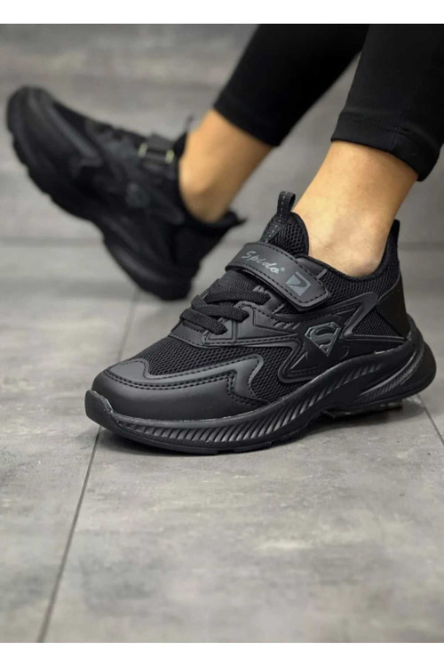 Çocuk Bağcıklı Siyah Tek Cırtlı Esnek Hafif Nefes Alabilen Rahat Unisex File Sneaker Spor Ayakkabı