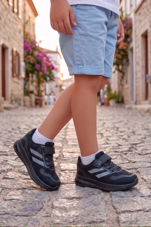 Çocuk Siyah Füme Cırt Cırtlı Işıklı Triko Günlük Yürüyüş Koşu Spor Ayakkabı Bağcıklı Rahat Konforlu Okul Sneaker