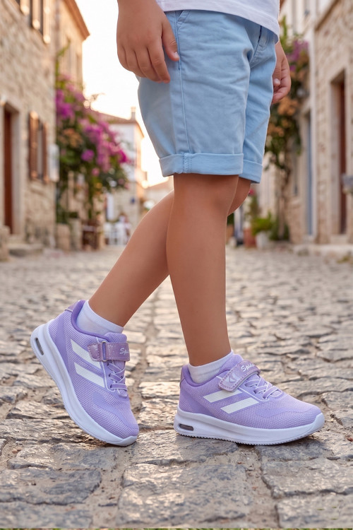 Çocuk Lila Beyaz Cırt Cırtlı Işıklı Triko Günlük Yürüyüş Koşu Spor Ayakkabı Bağcıklı Rahat Konforlu Okul Sneaker