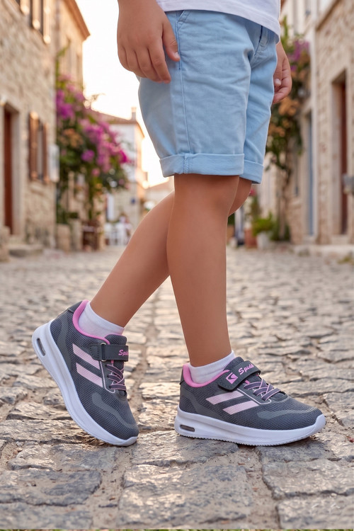 Çocuk Füme Pembe Cırt Cırtlı Işıklı Triko Günlük Yürüyüş Koşu Spor Ayakkabı Bağcıklı Rahat Konforlu Okul Sneaker
