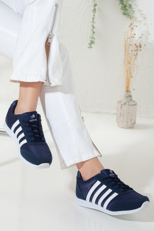 Kadın Lacivert Bağcıklı Günlük Comfort Taban Yumuşak Hafif Esnek Yürüyüş Sneaker Spor Ayakkabı