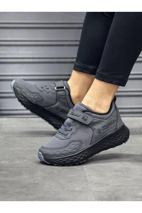 Çocuk Füme Siyah Bağcıklı Tek Cırtlı Esnek Hafif Nefes Alabilen Unisex File Sneaker Spor Ayakkabı