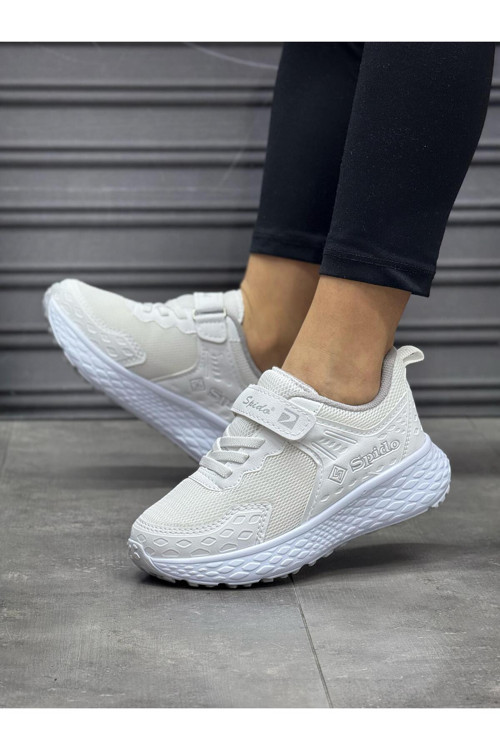 Çocuk Beyaz Bağcıklı Tek Cırt Cırtlı Esnek Hafif Nefes Alabilen Unisex File Sneaker Spor Ayakkabı
