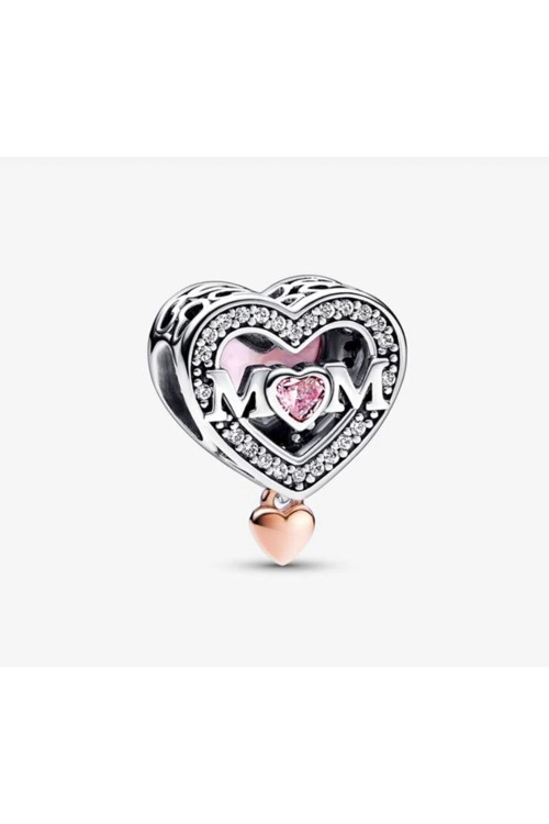 İki Renkli Kafes İçi Pembe Taşlı Anne Ve Kalp Charm S925 Gümüş Zirkon Taşlı