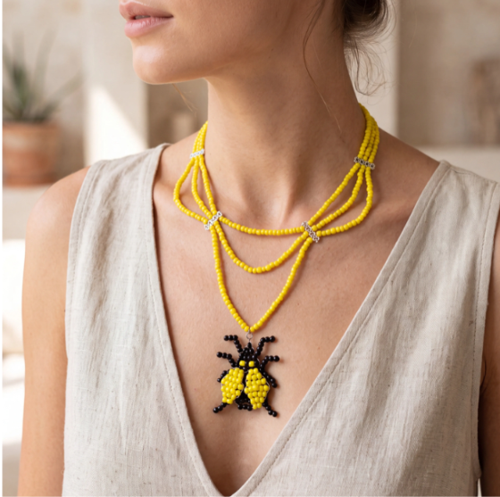 MK Design Jewelry Sarı Siyah Uğur Böceği Kolye