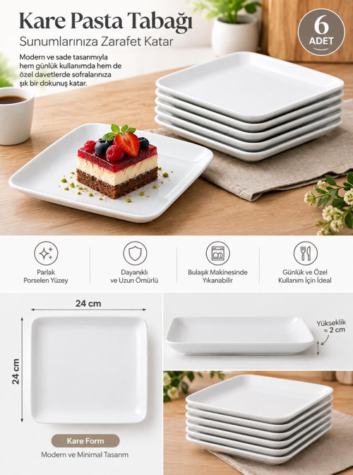 6'lı Porselen Servis Tabak Pasta Tabağı Beyaz Kare 24cm*24cm