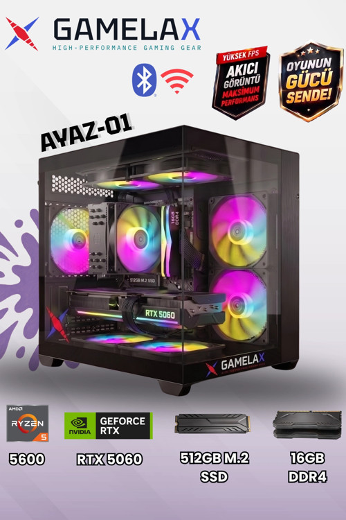 AYAZ-01 AMD Ryzen5 5600 RTX5060 8GB 16GB DDR4 Ram 512GB M.2 SSD Wi-Fi-Bluetooth Masaüstü Gam