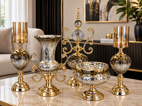 Aymet 5 Parça Gold Gümüş Dekoratif Salon Takımı – Şık Ev Dekorasyon Seti