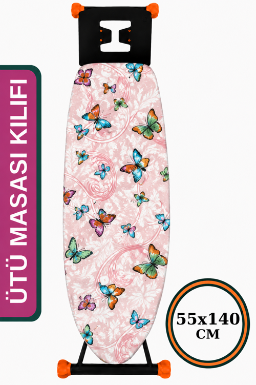 Keçeli Ütü Masası Kılıfı 55x140 cm İpli masaya göre Ayarlanabilir Butterfly PİNK