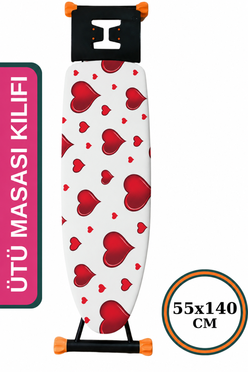 Keçeli Ütü Masası Kılıfı 55x140 cm İpli masaya göre Ayarlanabilir White Hearts