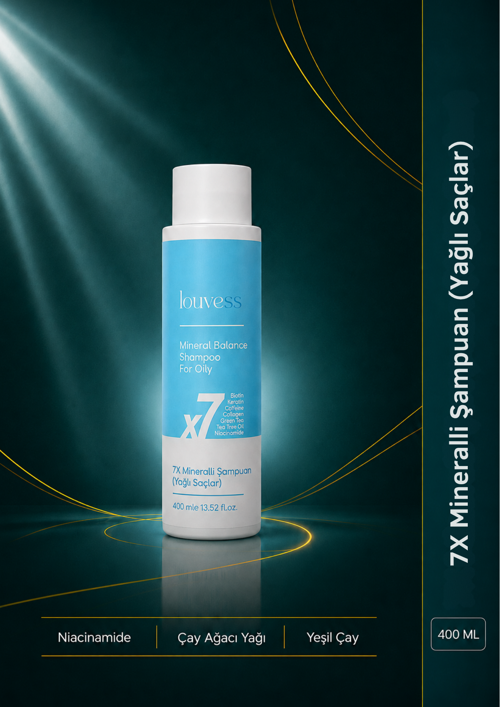 7X Mineralli Şampuan (Yağlı Saçlar) - Biotin, Keratin, Kafein, Kolajen, Yeşil Çay, Çay ağacı yağı, Niacinamide - 400 ml