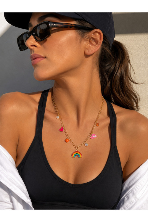 Rainbow Charm Premium Gökkuşağı, Kalp Ve Charm Detaylı 316L Çelik Altın Renk Kolye