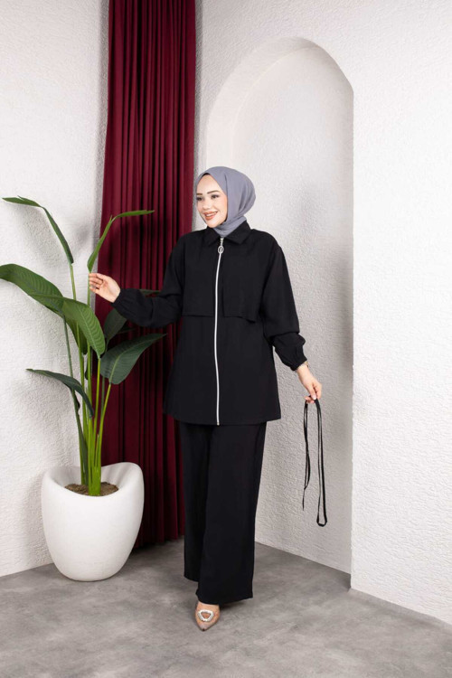 Kadın Tesettür Takım Çift Kat Görünümlü Fermuarlı Tunik Bol Paça Pantolon Moda Kumaş İkili Takım