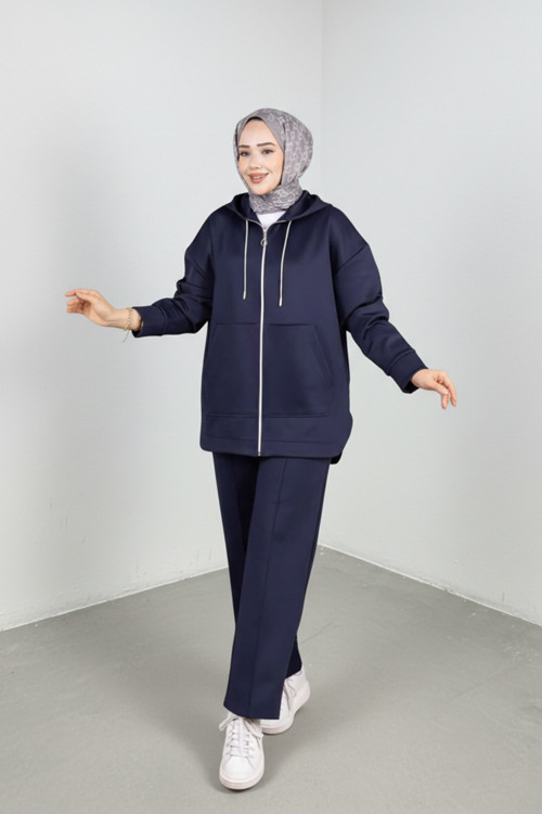 Oversize Kapüşonlu Eşofman Takımı Tesettür Spor Takım - Lacivert Renk