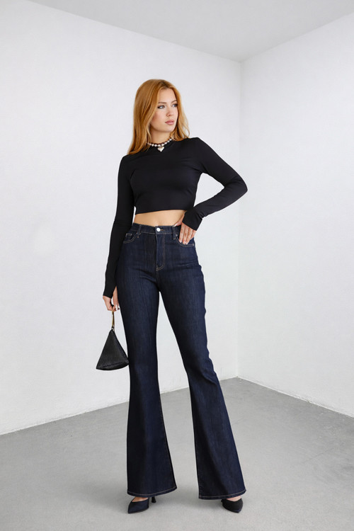 Kadın Yüksek Bel İspanyol Paça Lacivert Denim Likralı Jean Pantolon
