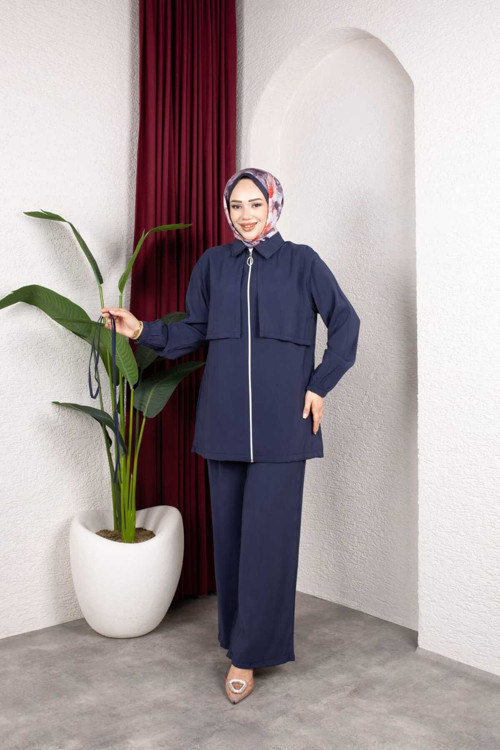 Kadın Tesettür Takım Çift Kat Görünümlü Fermuarlı Tunik Bol Paça Pantolon Moda Kumaş İkili Takım
