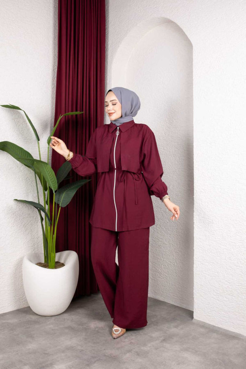 Kadın Tesettür Takım Çift Kat Görünümlü Fermuarlı Tunik Bol Paça Pantolon Moda Kumaş İkili Takım
