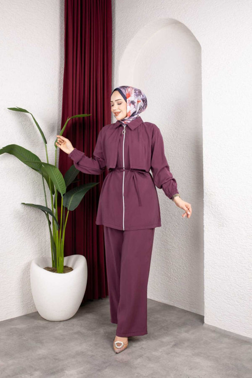 Kadın Tesettür Takım Çift Kat Görünümlü Fermuarlı Tunik Bol Paça Pantolon Moda Kumaş İkili Takım