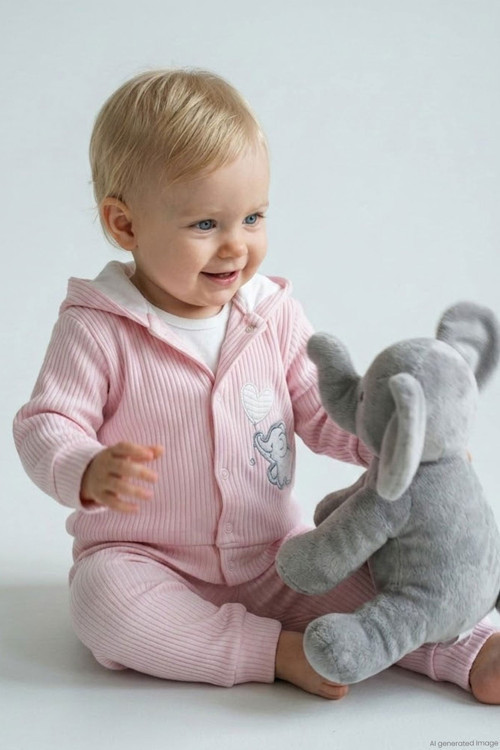 Kız Bebek Bodyli 3 Lü Takım Balonlu Sevimli Bebek Fil Arma Nakışlı 4 Ay-1 Yaş, Pembe