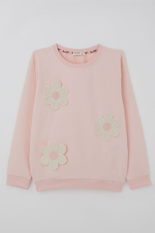Kız Çocuk Sweatshirt Triko Papatya Aplikeli 4-8 Yaş , Pudra