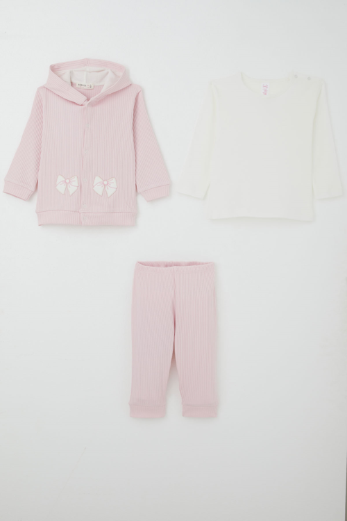 Kız Bebek Bodyli 3 Lü Takım Fiyonk Arma Nakışlı 4 Ay - 1 Yaş , Pembe