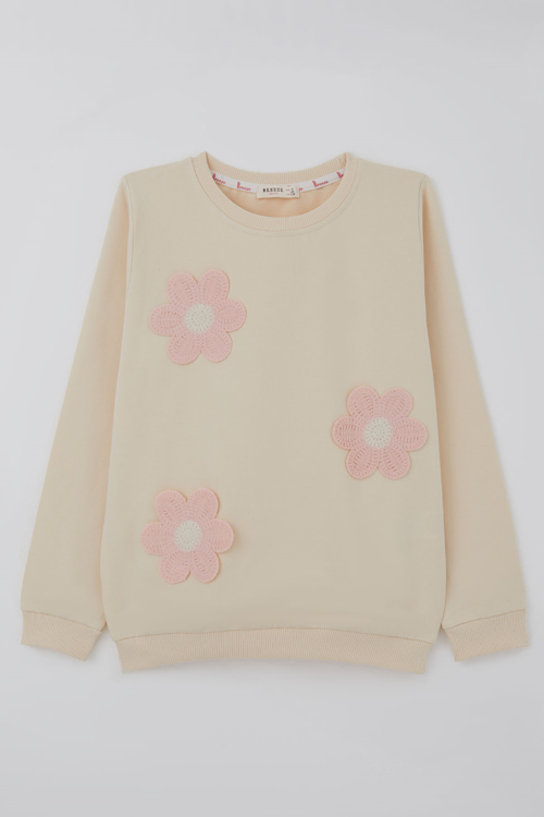 Kız Çocuk Sweatshirt Triko Papatya Aplikeli 4-8 Yaş , Krem