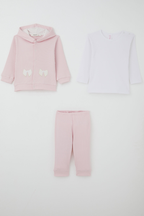 Kız Bebek Bodyli 3 Lü Takım Fiyonk Arma Nakışlı 4 Ay - 1 Yaş , Pembe