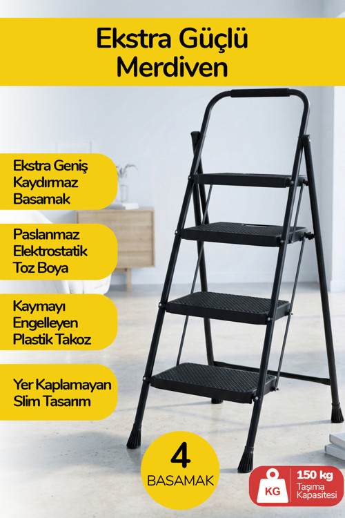 4 Basamaklı Katlanır Metal Merdiven Sağlam Gövde Dekoratif Geniş Basamaklı Ev & İş Merdiveni