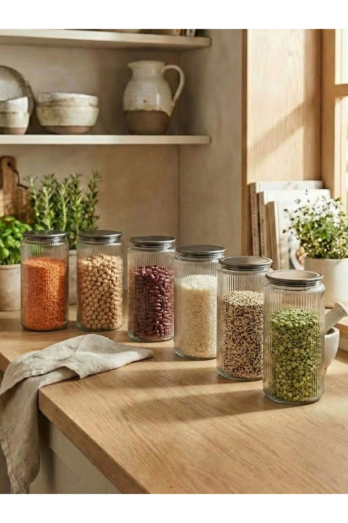 6'lı Set Metal Vakum Kapaklı Cam Saklama Kabı 2000 ML