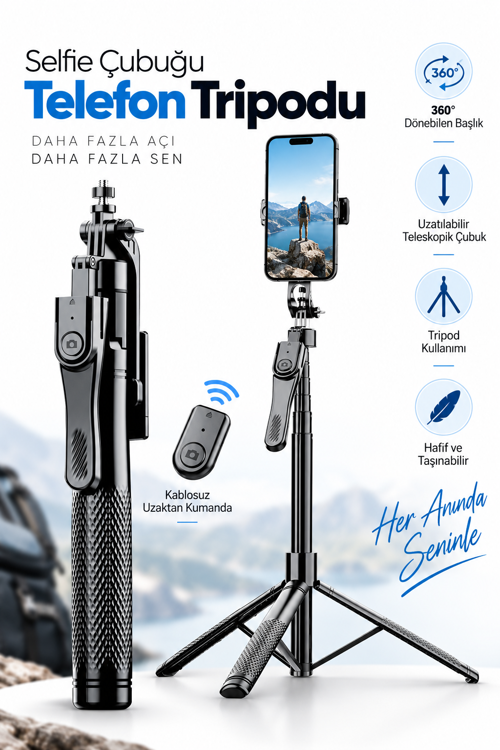 K29 215 cm Ultra Uzun Bluetooth Kumandalı Selfie Çubuğu Tripod – Çift Telefon Tutuculu, Selfie