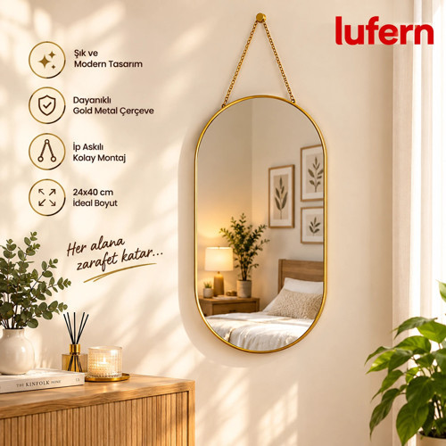 Özel Tasarım Dekoratif Duvar Aynası Gold Metal Çerçeveli İp Askılı 24x40 cm Banyo Yatak Odası Hol